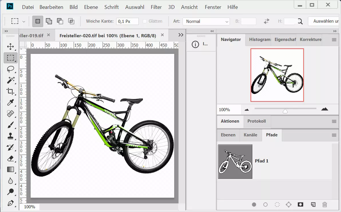 komplexer Fahrradfreisteller in Adobe Photoshop Freisteller mit Pfad Fahrrad