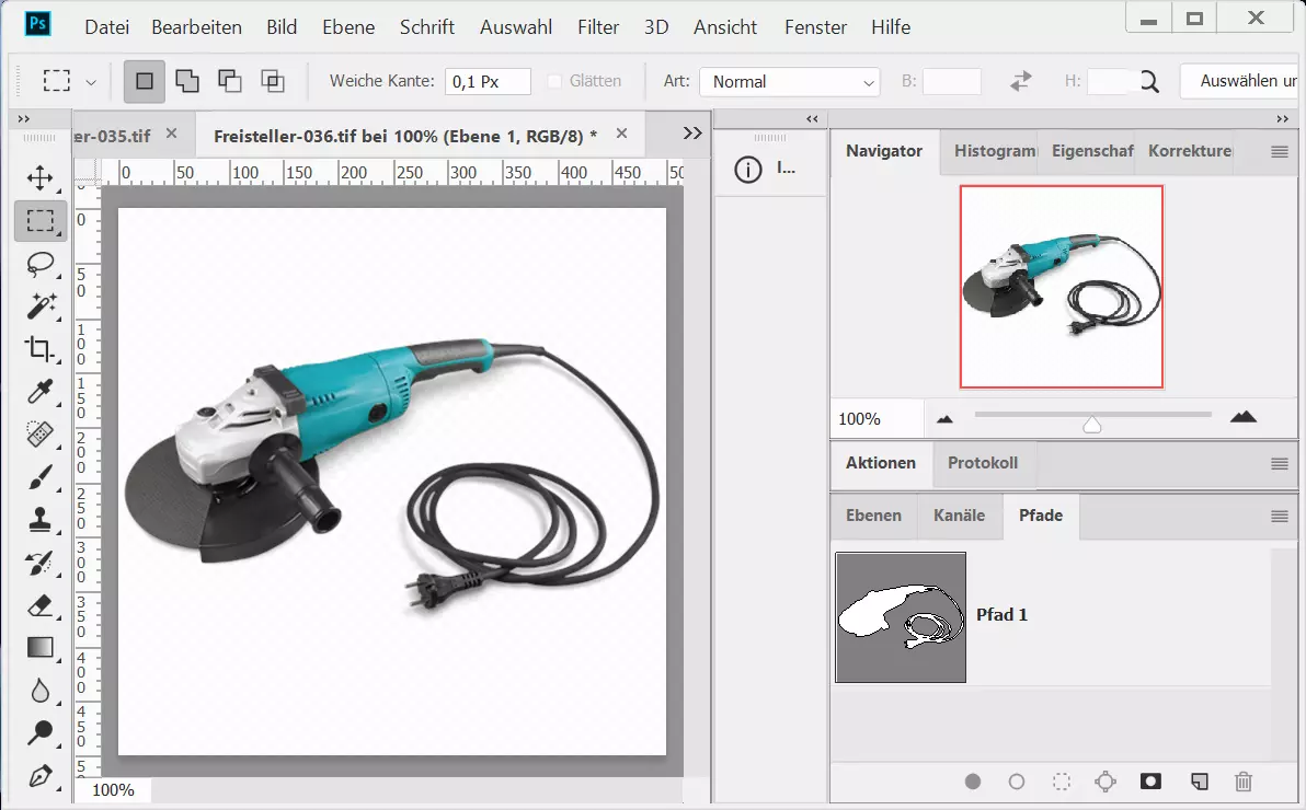 Elektrisches Werkzeug mit Pfad in Photoshop freigestellt Freisteller Schleifmaschine