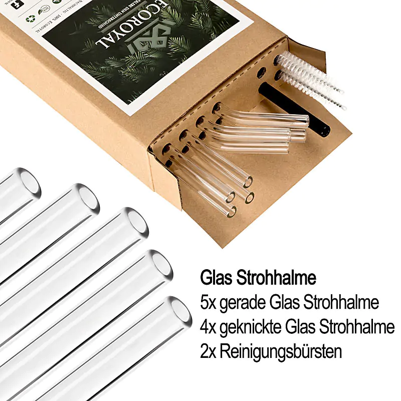 Produktfotografie für Onlinehandel Glasstrohhalme Set mit Reinigungsbürsten Produktfotografie für Onlinehandel Glasstrohhalme Set mit Reinigungsbürsten