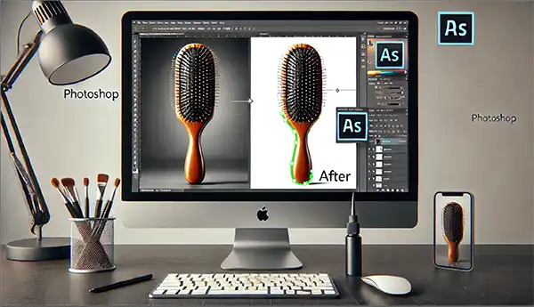 aus dem Fotostudio der PRO-ducto GmbH Professionelle Produktfotografie: Ein Monitor zeigt die Bearbeitung einer Haarbürste für einen Freisteller. Produktbilder erstellen lassen für mehr Umsatz. Produktfotografie