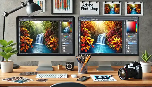 aus dem Fotostudio der PRO-ducto GmbH Zwei Monitore zeigen Adobe Photoshop bei der Bildbearbeitung. Professionelle Produktfotografie für mehr Sichtbarkeit und Umsatz durch Freisteller. Produktfotografie
